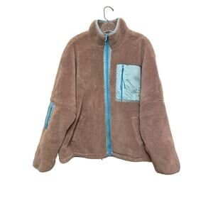 Urban Outfitters Iets Frans Fleece Full Zip Jacket Size Large Tan Blue Sherpa‎